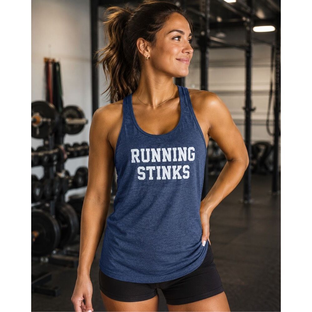 Running Stinks Racerback Workout Tank Top Gym Medium Blue Gray